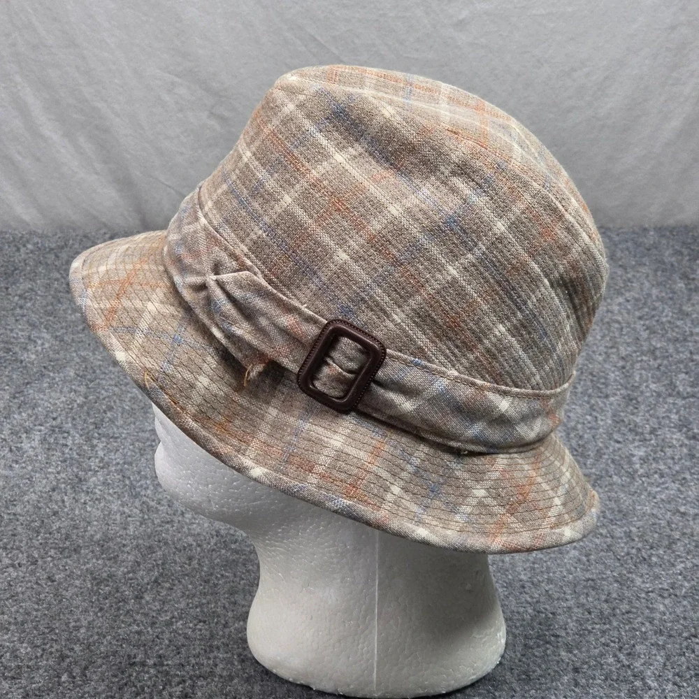 Vintage Cloche Bucket Hat Size 7 Tan Plaid Classic Cottagecore Old Money Grandma